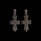 Byzantine Reliquary Cross Pendant with St John
10th-12th century AD. A large bronze enkolpion reliquary cross pendant comprising two hinged plates an...