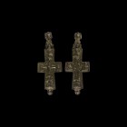 Byzantine Reliquary Cross Pendant with Saints
10th-12th century AD. A large bronze enkolpion reliquary cross pendant comprising two narrow hinged pla...