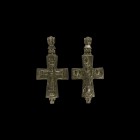 Byzantine Reliquary Cross Pendant with Saints
10th-12th century AD. A large bronze enkolpion reliquary cross pendant comprising two hinged plates and...