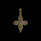 Byzantine Reliquary Cross Pendant with Saints
10th-12th century AD. A large bronze enkolpion reliquary cross pendant with rounded finials comprising ...