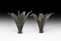 Large Byzantine Candelabrum Head Pair
6th-10th century AD. A pair of large bronze finials, each a spray of five lanceolate leaves with fall finial, t...