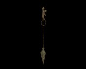 Byzantine Silver Implement with Angel
5th-7th century AD. A heavily patinated silver leaf-shaped blade with square-section handle, the finial an ange...