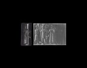 Western Asiatic Old Babylonian Cylinder Seal with Worship Scene
19th-16th century BC. A haematite cylinder seal with gods and objects in the field; a...