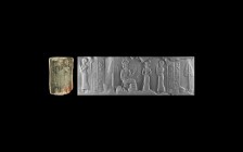 Western Asiatic Neo-Sumerian Cylinder Seal for Temple Priest of King Shu-sin of Der
Ur III, King Shu-sin, 1972-1964 BC. A green and purple jasper cyl...