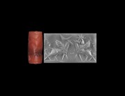 Western Asiatic Neo Babylonian Cylinder Seal with Winged Quadrupeds
10th-8th century BC. A carnelian cylinder seal with carved mythical beasts; accom...