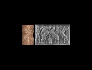 Western Asiatic Akkadian Cylinder Seal with Contest Scene
23rd-22nd century BC. A carved foramniferal limestone cylinder seal with scene of animal co...