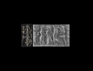 Western Asiatic Old Babylonian Cylinder Seal with Lahmu the Hairy Hero
20th-16th century BC. A carved limestone cylinder seal with combat scenes; acc...