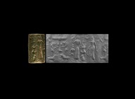 Cypro-Minoan Inscribed 'Goddess of Animals' Cylinder Seal
Early 14th century BC. A jasper cylinder seal with frieze depicting in the centre two genii...