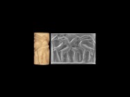Western Asiatic Akkadian Cylinder Seal with Felines Attacked Ibex
23rd-22nd century BC. A marble cylinder seal with frieze of animal combat; accompan...