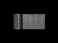 Western Asiatic Old Babylonian Cylinder Seal with Lamma Goddess Worship Scene
19th-17th century BC. A carved haematite cylinder seal with figures; ac...