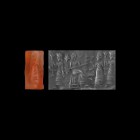 Western Asiatic Neo-Assyrian Carnelian Cylinder Seal with Worshipping Scene
9th-6th century BC. A carnelian cylinder seal with bearded figure, wearin...