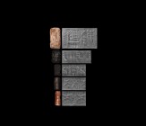 Western Asiatic Cylinder Seal Group
2nd-1st millennium BC. A mixed group of carved stone cylinder seals comprised of carnelian (1), chalcedony (1), a...