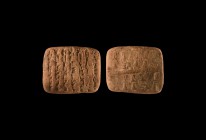 Western Asiatic Babylonian Cuneiform Tablet
20th-16th century BC. A baked clay rectangular pillow-shaped tablet with lines of cuneiform text to one b...
