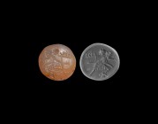 Western Asiatic Sassanian Stamp Seal with Enthroned Figure
3rd-7th century AD. A large plano-convex agate stamp seal with intaglio bearded figure inc...