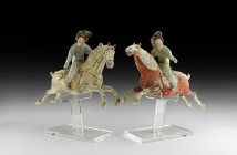 Chinese Tang Polo Player Pair
Tang Dynasty, 618-906 AD. A pair of ceramic polo player figurines on custom-made stands comprising: one in active pose ...