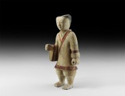Chinese Han Soldier Figure
Han Dynasty, 206 BC-220 AD. A ceramic figurine of a standing warrior with cross-over tunic with red trims and wide sleeves...