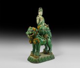 Chinese Ming Glazed Lion and Goddess Statue
Ming Dynasty, 1368-1644 AD. A glazed ceramic statue of a lion with open mouth on a rectangular lotus flow...