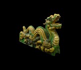 Chinese Ming Glazed Dragon Roof Tile
Ming Dynasty, 1368-1644 AD. A glazed ceramic dragon ridge-tile from a roof in two sections with green and yellow...