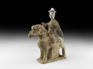 Chinese Ming Horse and Rider
Ming Dynasty, 1368-1644 AD. A ceramic horse and rider figurine on a rectangular base, the stout horse with elaborate bri...