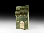 Chinese Ming Green Glazed House Roof Tile
Ming Dynasty, 1368-1644 AD. A green-glazed ceramic house shrine(?) with corrugated roof, decorative protome...
