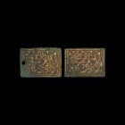 Chinese Ordos Gilt Animal Plaque Pair
Ordos Culture, 6th-2nd century BC. A pair of gilt-bronze rectangular plaques each with herringbone frame, zoomo...