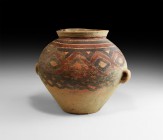 Chinese Polychrome Neolithic Jar
3rd millennium BC. A good size terracotta jar with broad domed shoulder and tapering body, flared rim and loop handl...