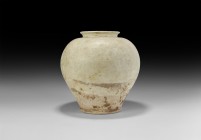 Chinese Tang Whiteware Jar
Tang Dynasty, 618-906 AD. A ceramic whiteware piriform jar with everted rim, slightly flared base. 4.1 kg, 30cm (11 3/4")....