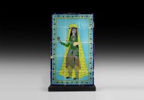 Large Indian Glazed Tile Panel with Standing Female
18th-19th century AD. A large rectangular panel of polychrome glazed ceramic tiles; border of run...