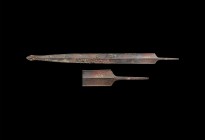 Iron Age Celtic Sword in Decorated Scabbard
1st century BC-1st century AD. An iron sword within its iron scabbard with fittings; the sword of standar...
