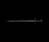 Medieval Two-Handed Long Sword
14th century AD. A substantial iron long sword relic with tapering two-edged blade, rounded tip, shallow fuller to eac...