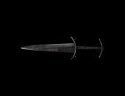 Medieval Baselard Dagger
16th century AD. An iron baselard with lozenge-section triangular blade, ellipsoid curved upper and lower guards, rectangula...