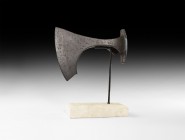 Large Viking Bearded Axehead
9th-11th century AD. An iron axehead with slender blade and chin to the lower edge; round socket with lateral triangular...