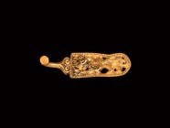 Scythian Gold Sword Belt Hook with Gryphon
2nd century BC-2nd century AD. A gold belt hook comprising a tongue-shaped plaque with beaded border, open...