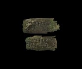 Roman Belt Sections with Charioteers
1st-2nd century AD. A group of two sheet bronze plaques each with repoussé decorative frieze depicting two chari...
