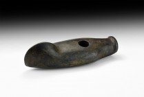 Neolithic Fatjanovo Culture Battle Axehead
Late 3rd-early 2nd millennium BC. A large and finely polished boat-shaped axe in dark greenstone, with exp...