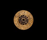 Merovingian Gold Fitting with Garnet Inlays and Interlaced Design
6th-7th century AD. A gold disc plaque with three loops to the reverse, outer band ...