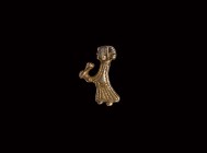 Viking Gilt Silver Cup Bearer Pendant
10th century AD. A flat-section silver-gilt bifacial plaque depicting a standing female in profile in pleated s...