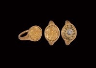 Tudor Earl of Macclesfield Gold 'Memento Mori' Heraldic Swivel Ring
Mid 16th century AD. A substantial gold ring with swivelling bezel; the hoop D-sh...