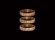 Medieval Gold 'Joy Without End' Posy Ring
15th century AD. A gold epigraphic ring formed as a flat-section hoop with blackletter legend 'ioie sans fi...