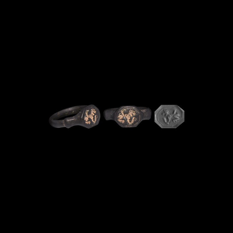 Medieval Signet Ring with Lion
14th-15th century AD. A bronze finger ring compr...