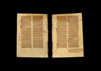 Medieval English Vulgate St Jerome Bible Manuscript Page
13th century AD. An English manuscript leaf with small Gothic blackletter Latin text in two ...