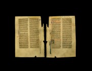 Medieval English Vulgate St Jerome Bible Manuscript Page
13th century AD. An English manuscript bible leaf with blackletter Latin text in two columns...