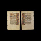 Medieval Jean Coene Book of Hours Manuscript Page
Circa 1510-20 AD. A vellum leaf from a Jean Coene Book of Hours, recto with rectangular painted blo...