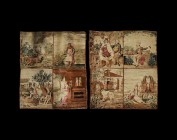 Post Medieval Ukrainian Wall Hanging Pair
18th century AD. A pair of textile tapestry wall hangings each with four figural scenes of rural life; acco...