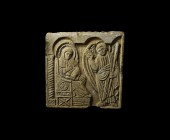 Romanesque Carved Relief Panel
11th century AD or later. A rectangular carved sandstone architectural panel with frieze depicting Virgin Mary seated ...