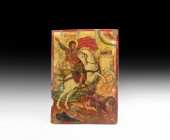 Greek Icon with Saint George and the Dragon
Mid 17th century AD. A rectangular wooden board with painted icon on a prepared surface; red painted bord...