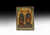 Christian Icon of Cosmos and Damianos
Late 18th-early 19th century AD. A rectangular wooden icon with recess to the obverse, painted border framing a...