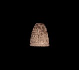 Egyptian Thutmose III Pyramidal Stamp Seal
New Kingdom, 1479-1425 BC. A white glazed composition pyramidal pendant with hieroglyphs and symbols to th...