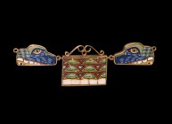 Romano-Egyptian Glass Beast Inlays in Gold Pendant Set
1st century BC-1st century AD. A group of three bifacial glass inlays comprising: a rectangula...