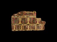 Egyptian Cartonnage with Djed Pillars
Late Period, 664-332 BC. A portion of cartonnage with polychrome frieze of djed and buckle of Isis symbols, obj...